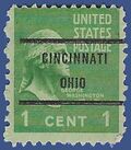 # 804 1c Presidential Issue George Washington 1938 Used CINCINNATI OHIO Precancel