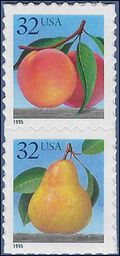 #2493-2494b 32c Peach and Pear Booklet Attached Pair 1995 Mint NH