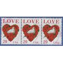 #2814c 29c Love Issue Heart & Dove Strip of 3 1994 Used