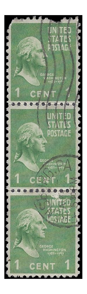 # 804 1c Presidential Issue George Washington 1938 Used Strip of 3 Faults