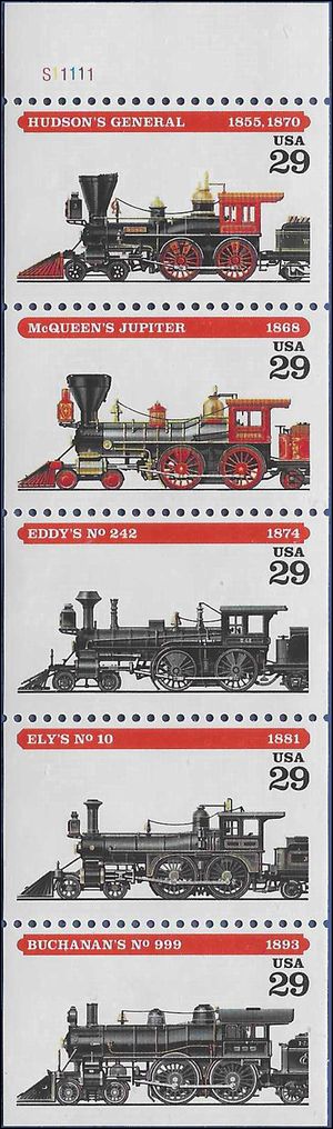 #2843-2847 29c Locomotives Booklet Pane of 5 1994 Mint NH