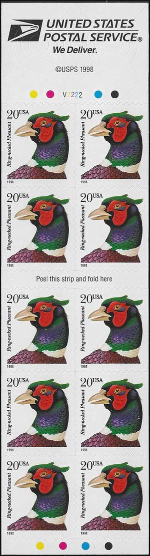 #3050a BC130 20c Pheasant Never Folded Booklet of 10 #V2222 1998 Mint NH