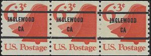#1518a 6.3c Liberty Bell Coil Strip/3 1974 Mint NH Precancel Inglewood CA