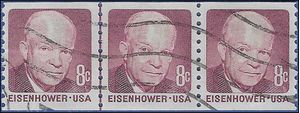 #1402 8c Dwight D. Eisenhower Coil Strip/3 w/Line Pair 1971 Used