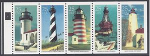 #2470-2474 25c Lighthouses Booklet Pane/5 Never Folded P#4 1990 Mint NH