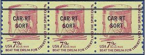 #1615a 7.9c Drums Coil Strip/3 Bureau Precancel 1976 Mint NH
