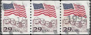 #2523 29c Flag over Mt Rushmore Coil Strip of 3 1991 Used
