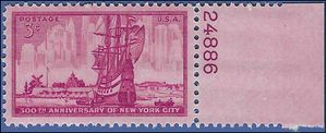 #1027 3c 300th Anniversary of New York City P# 1953 Mint NH