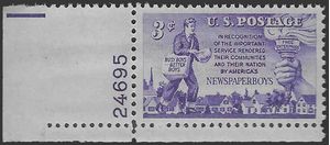 #1015 3c America's Newspaper Boys P# 1952 Mint NH