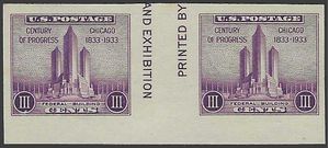 # 767 3c Century Of Progress Farley Issue Vertical Gutter Pair 1933 Mint LH