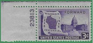 # 957 3c Wisconsin Statehood,100th Anniversary P# 1948 Mint NH