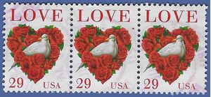 #2814c 29c Love Issue Heart & Dove Strip of 3 1994 Used