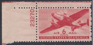 Scott C 25 6c US Air Mail Twin Motored Transport Plane P# 1943 Mint NH