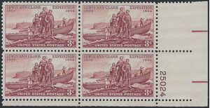 #1063 3c 150th Anniversary of Lewis and Clark Expedition PB/4 1954 Mint NH