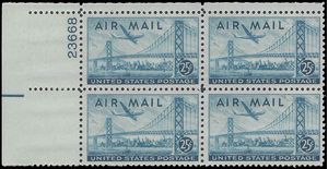 Scott C 36 25c U.S. Air Mail San Francisco-Oakland Bay Bridge PB/4 1947 Mint NH Wet Print