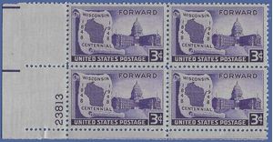 # 957 3c Wisconsin Statehood,100th Anniversary PB/4 1948 Mint NH