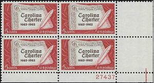 #1230 5c 300th Anniversary Carolina Charter PB/4 1963 Mint NH