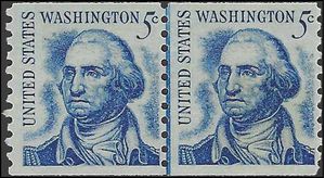 #1304 5c George Washington Coil Line Pair Shiny Gum 1966 Mint NH