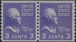 # 842 3c Presidential Issue Thomas Jefferson Coil Pair 1939 Mint NH