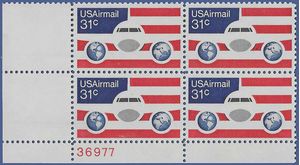 Scott C 90 31c US Air Mail Plane,Globes and Flag PB/4 1976 Mint NH