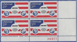 Scott C 90 31c US Air Mail Plane,Globes and Flag PB/4 1976 Mint NH