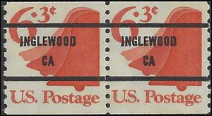 #1518a 6.3c Liberty Bell Coil Pair 1974 Mint NH Precancel Inglewood CA