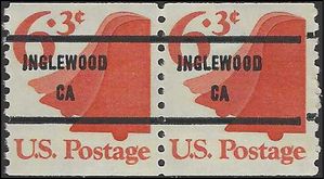 #1518a 6.3c Liberty Bell Coil Pair 1974 Mint NH Precancel Inglewood CA