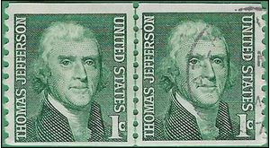 #1299 1c Thomas Jefferson Coil Line Pair 1968 Used