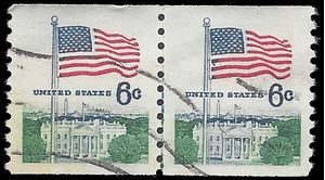 #1338a 6c Flag and White House Coil Line Pair 1969 Used