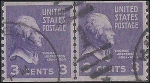 # 842 3c Presidential Issue Thomas Jefferson Coil Line Pair 1939 Used