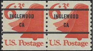 #1518a 6.3c Liberty Bell Coil Pair 1974 Mint NH Precancel Inglewood CA