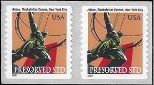 #3770 10c Atlas Statue N.Y. City Coil Pair 2003 Mint NH