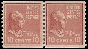 # 847 10c Presidential Issue John Tyler Coil Pair 1939 Mint NH