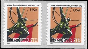 #3770 10c Atlas Statue N.Y. City Coil Pair 2003 Mint NH