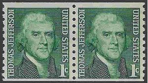 #1299 1c Thomas Jefferson Coil Pair 1968 Mint NH