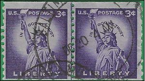 #1057 3c Statue of Liberty Coil Line Pair WP 1954 Used