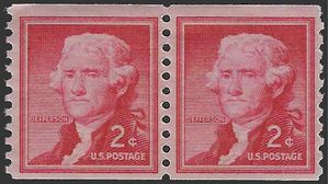 #1055 2c Thomas Jefferson Coil Pair 1954 Mint NH