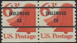 #1518a 6.3c Liberty Bell Coil Pair 1974 Mint NH Precancel Inglewood CA