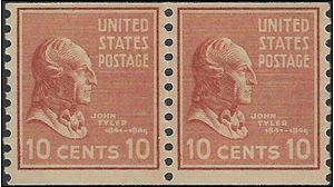 # 847 10c Presidential Issue John Tyler Coil Pair 1939 Mint NH