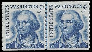 #1304 5c George Washington Coil Line Pair Shiny Gum 1966 Mint NH