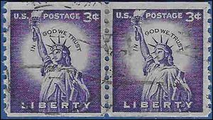 #1057 3c Statue of Liberty Coil Line Pair 1956 Used Crease