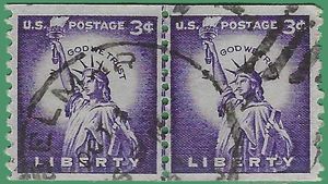 #1057 3c Statue of Liberty Coil Line Pair SH 1958 Used