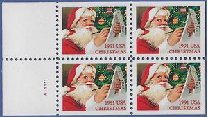 #2582a 29c Christmas Santa Claus Booklet Pane/4 1991 Mint NH