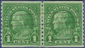 # 597 1c Benjamin Franklin Coil Pair 1923 Used