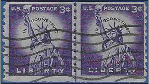 #1057 3c Statue of Liberty Coil Line Pair 1954 Used