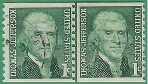 #1299 1c Thomas Jefferson Coil Line Pair 1968 Used