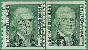 #1299 1c Thomas Jefferson Coil Line Pair 1968 Used