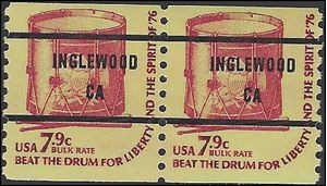 #1615a 7.9c Drums Coil Pair 1976 Mint NH Precancel Inglewood CA