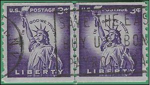 #1057 3c Statue of Liberty Coil Line Pair SH 1958 Used