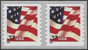 #3633 37c US Flag Coil Pair 2002 Mint NH